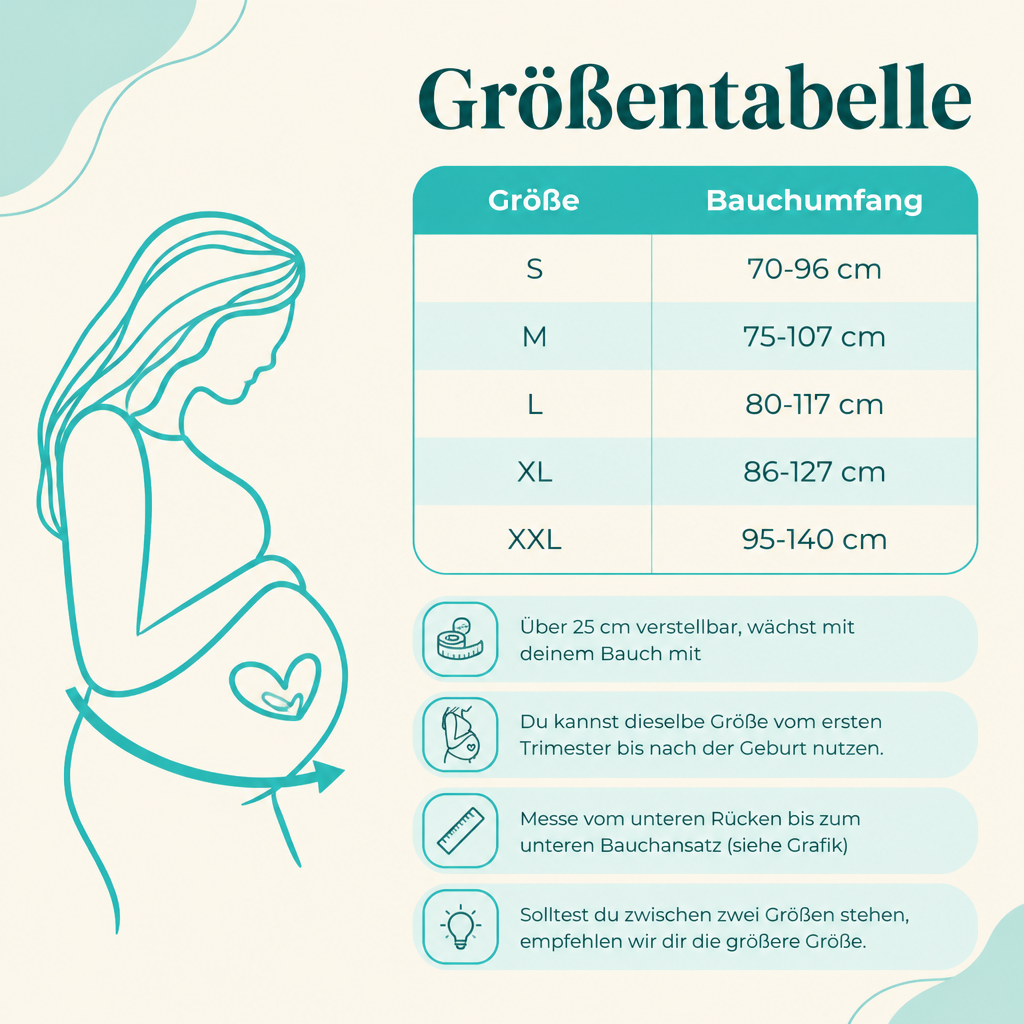 BumpBuddy Größentabelle: Größen S bis XXL nach Bauchumfang