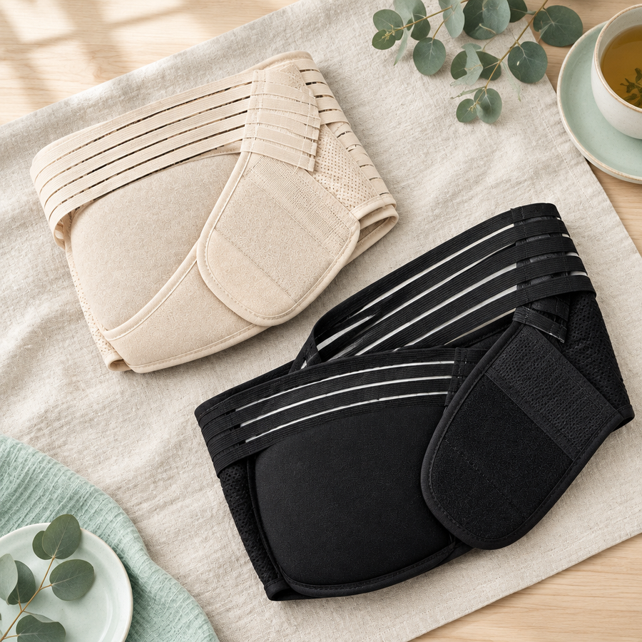 BumpBuddy Schwangerschaftsgürtel in Beige und Schwarz, flach ausgelegt