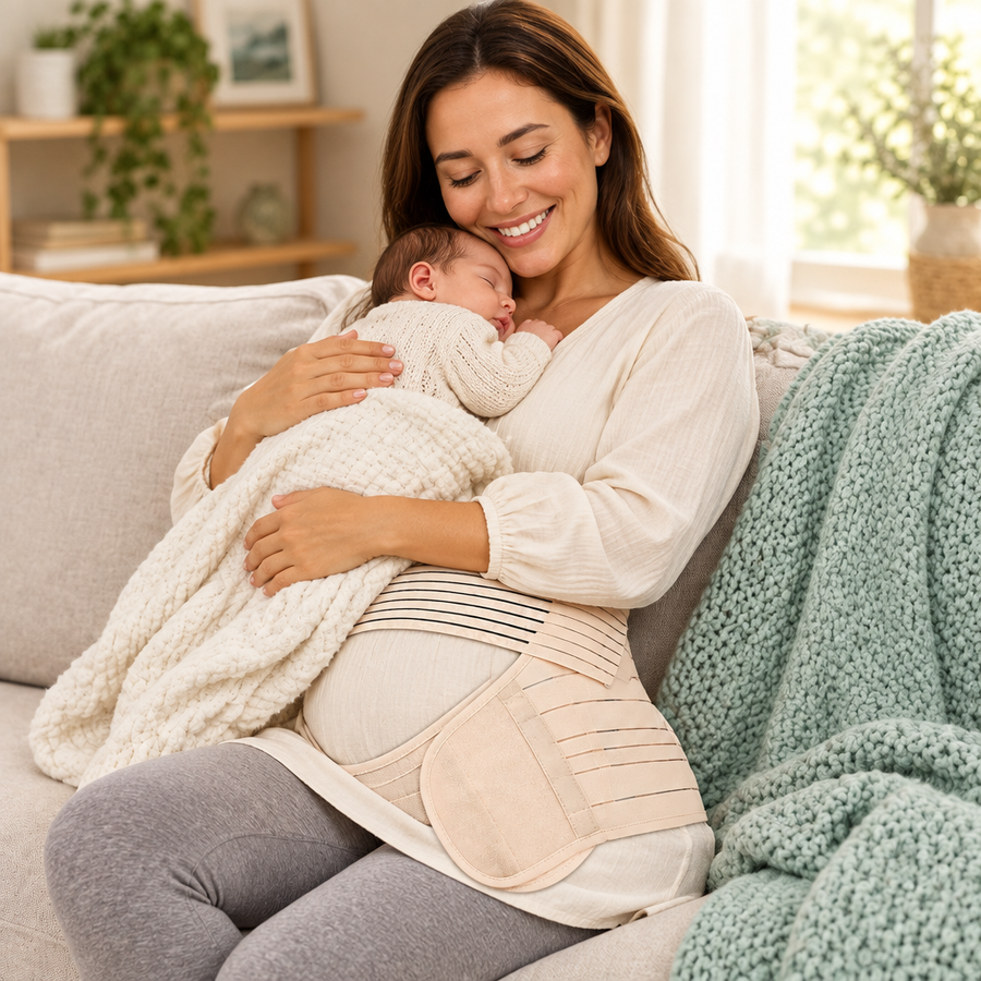 Mama mit Neugeborenem auf dem Sofa trägt BumpBuddy nach der Geburt