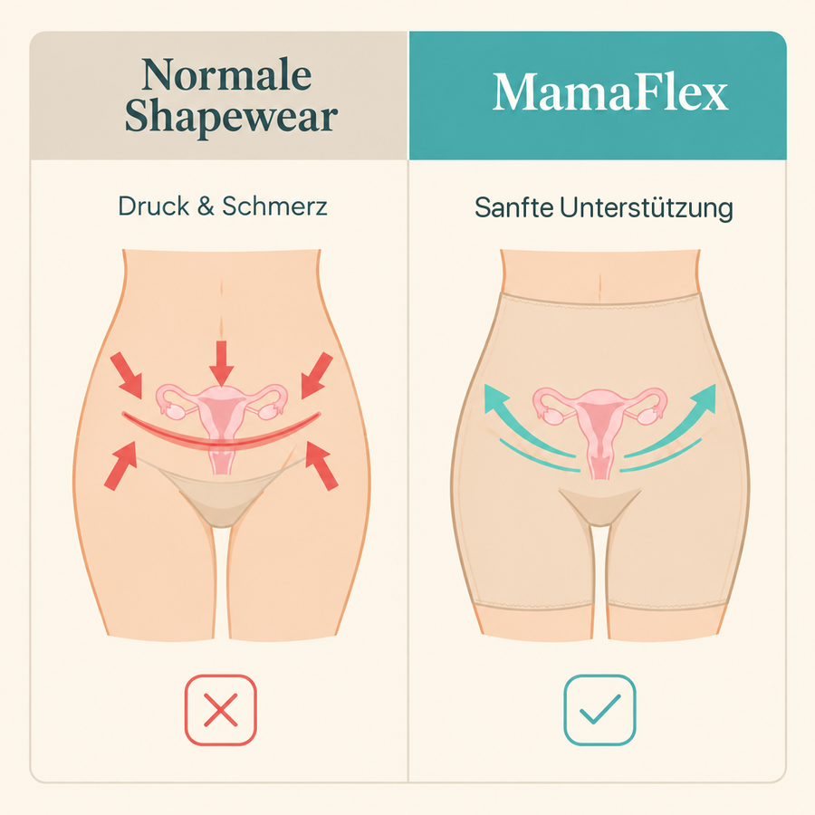 Vergleich: normale Shapewear mit Druck und MamaFlex mit sanfter Unterstützung