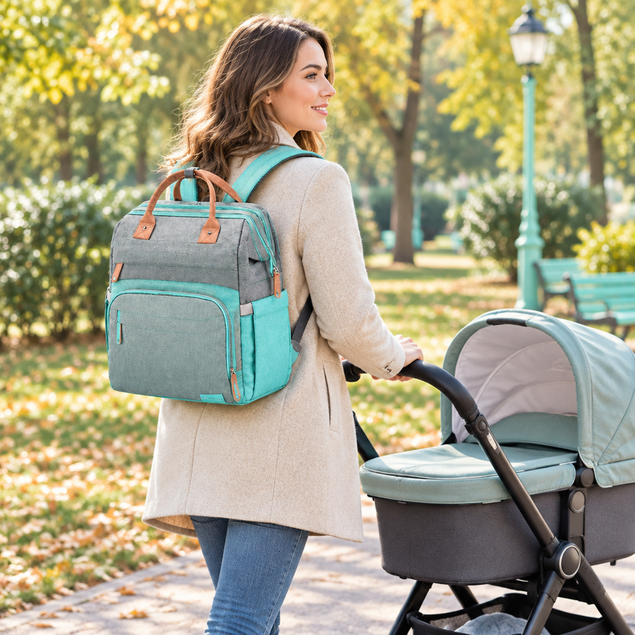 Frau mit NappyGo Rucksack schiebt den Kinderwagen durch den Park