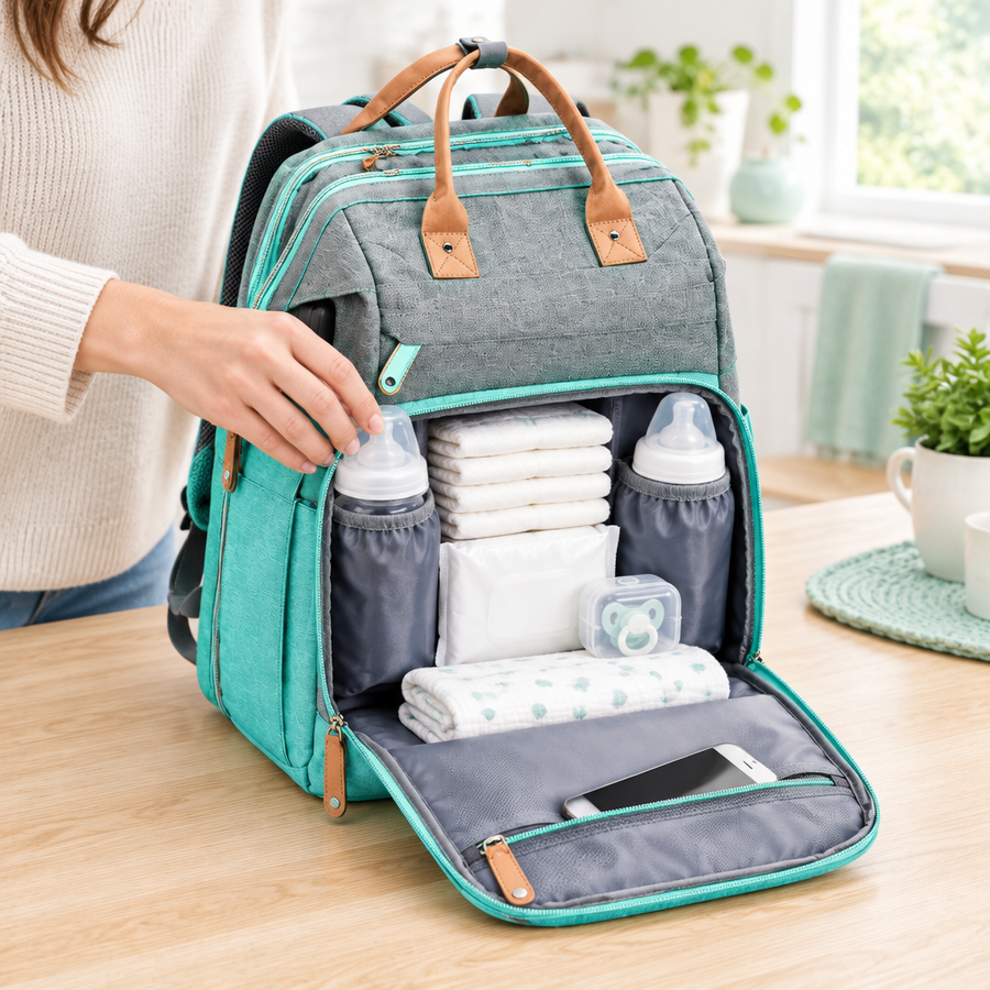 Gepacktes Fach des NappyGo mit Fläschchen, Windeln und Handy