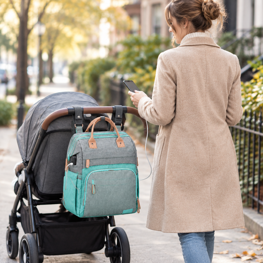 NappyGo hängt am Kinderwagen, das Handy lädt über das Kabel