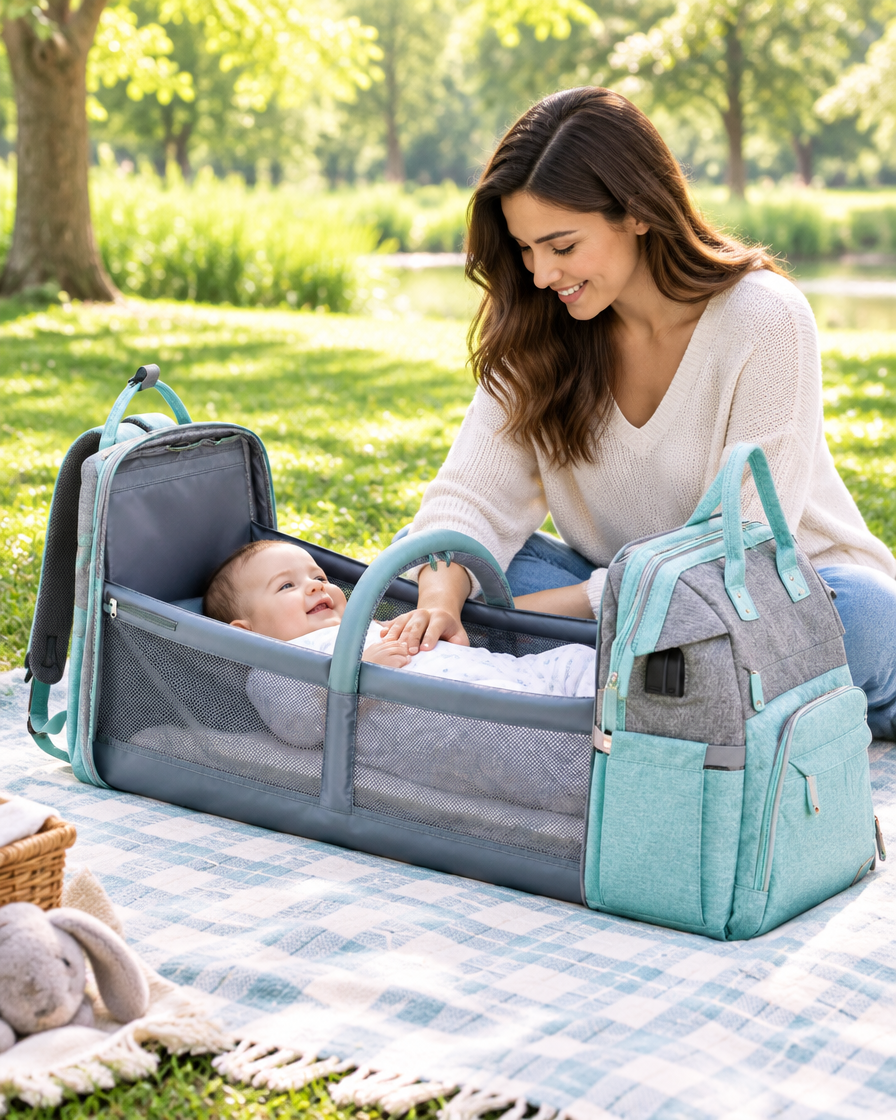 Mutter mit Baby im aufgeklappten NappyGo Babybett auf einer Picknickdecke im Park