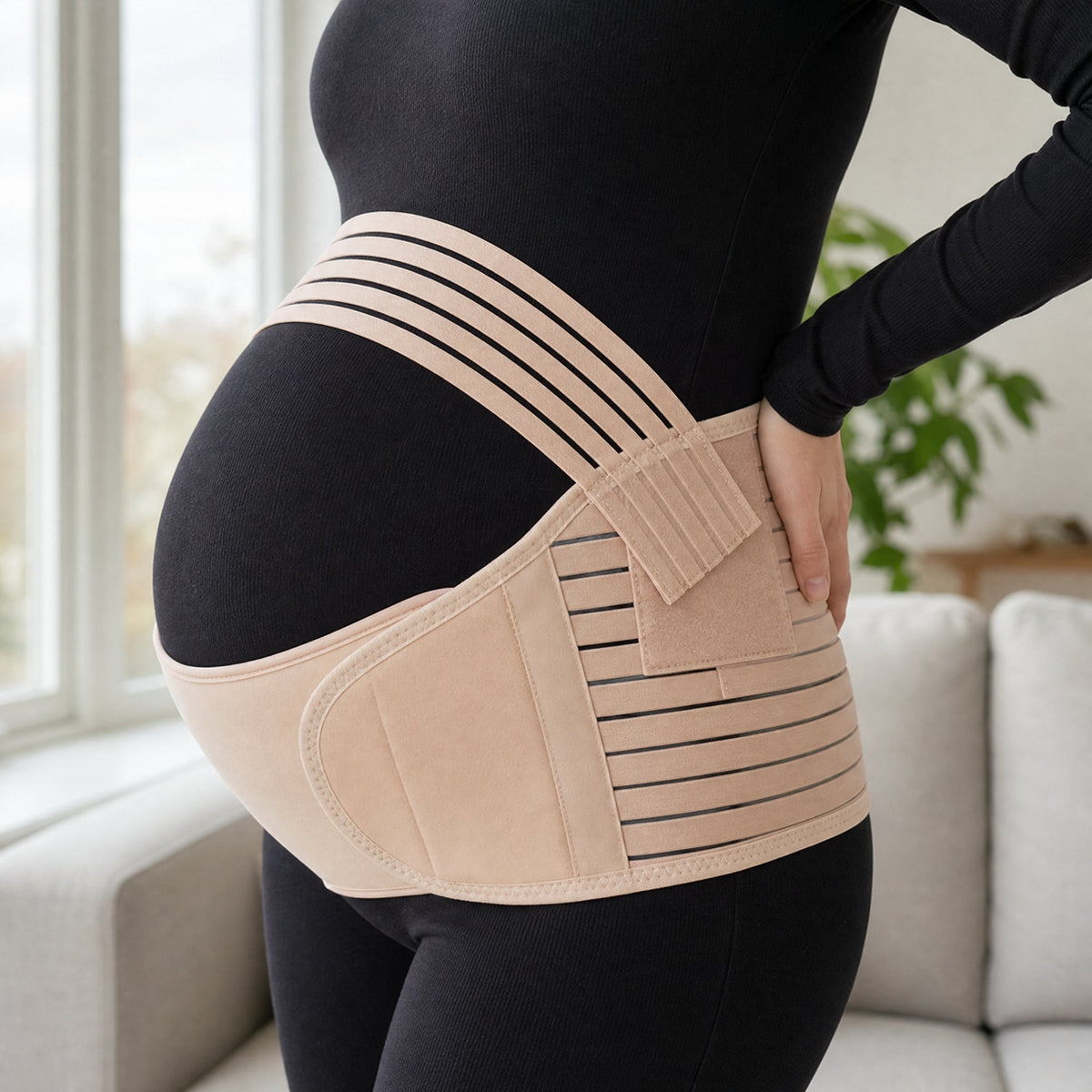 BumpBuddy Schwangerschaftsgürtel 4-in-1 in Beige am Babybauch im Wohnzimmer