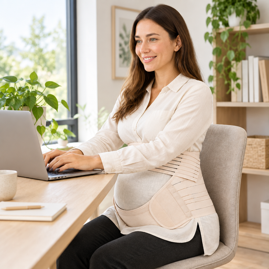 Schwangere sitzt am Laptop und trägt BumpBuddy
