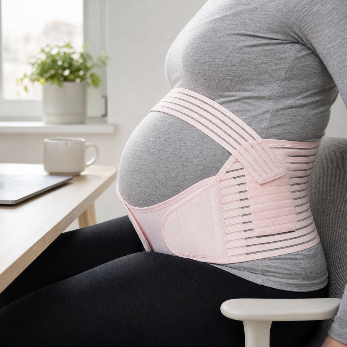 BumpBuddy in Rosa beim Arbeiten am Schreibtisch