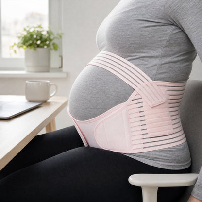 BumpBuddy in Rosa beim Arbeiten am Schreibtisch