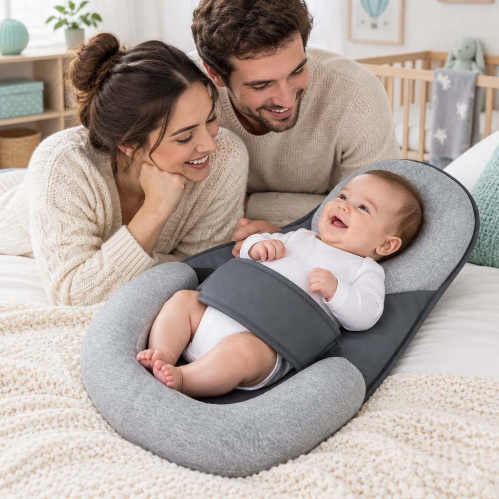 Eltern freuen sich mit ihrem Baby im CuddlePod Babynest