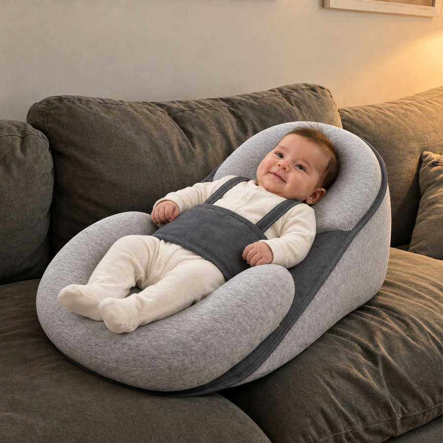 Baby liegt zufrieden im CuddlePod Babynest auf dem Sofa
