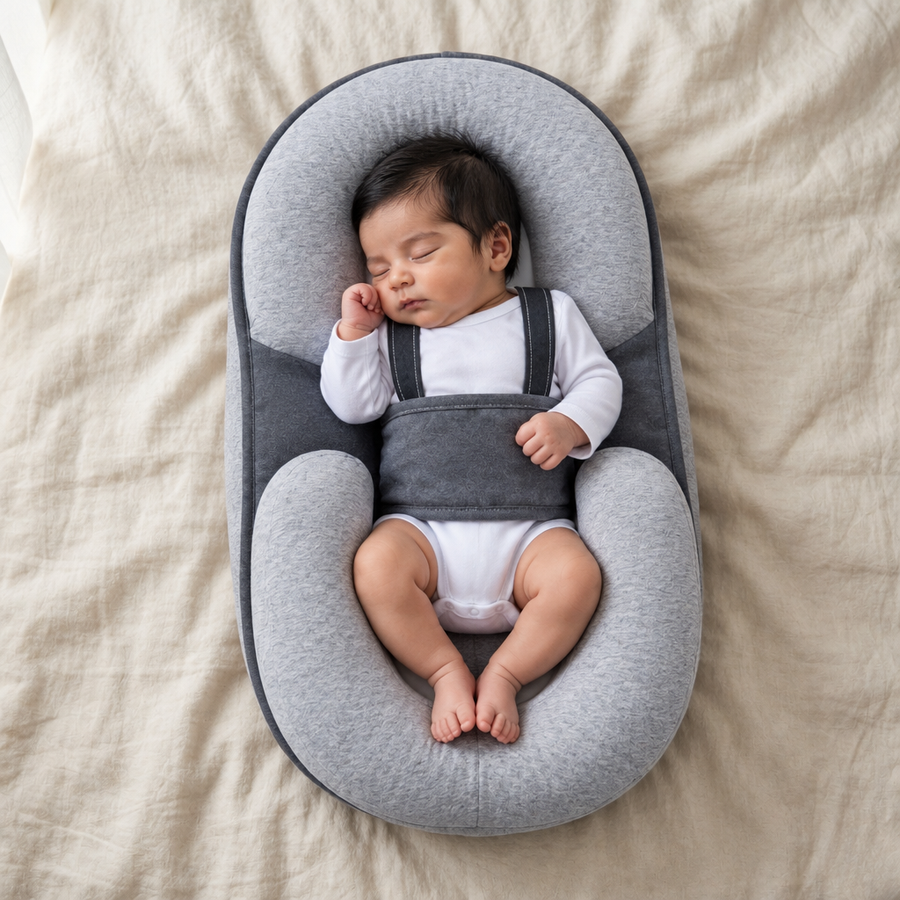 Neugeborenes schläft geborgen im CuddlePod Babynest, Ansicht von oben