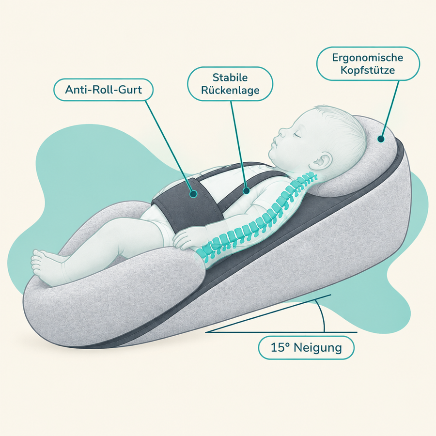 Illustration: Kopfstütze, stabile Rückenlage und Anti-Roll-Gurt der CuddlePod