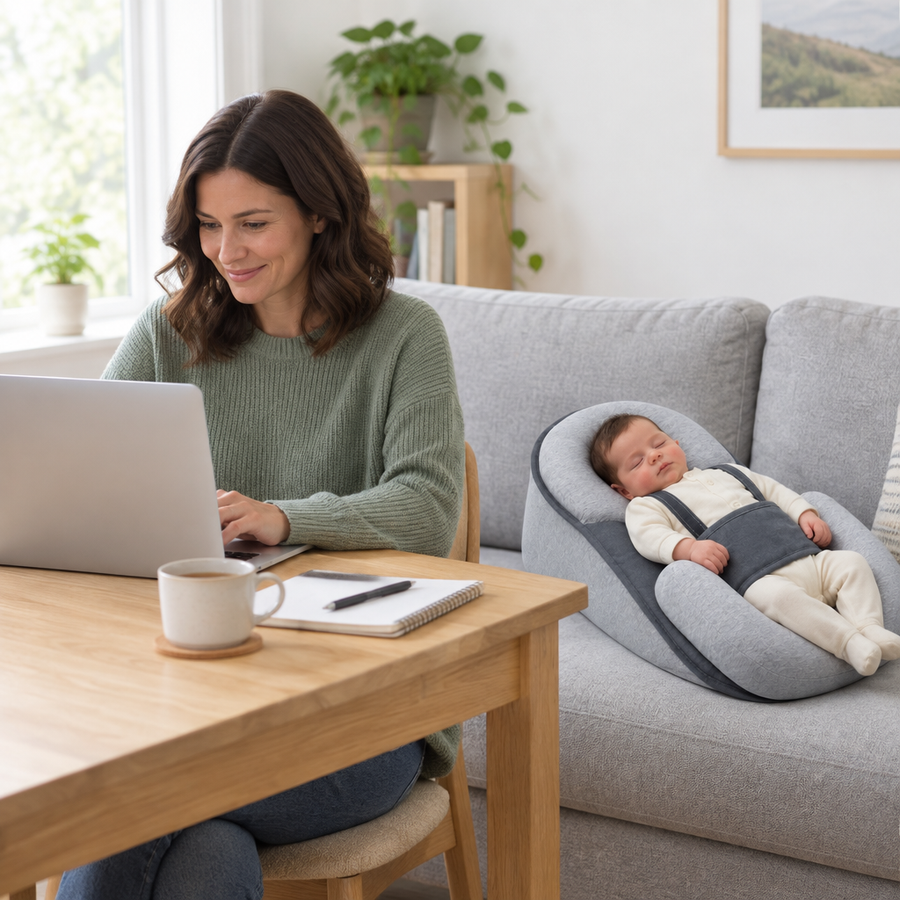 Mama arbeitet am Tisch, daneben liegt das Baby im CuddlePod Babynest