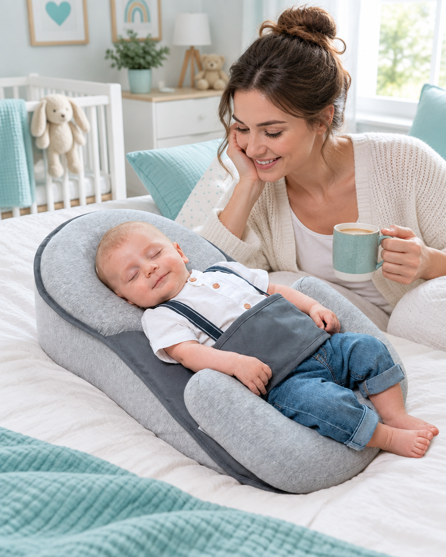 Baby schläft im CuddlePod Babynest, Mama trinkt daneben Tee