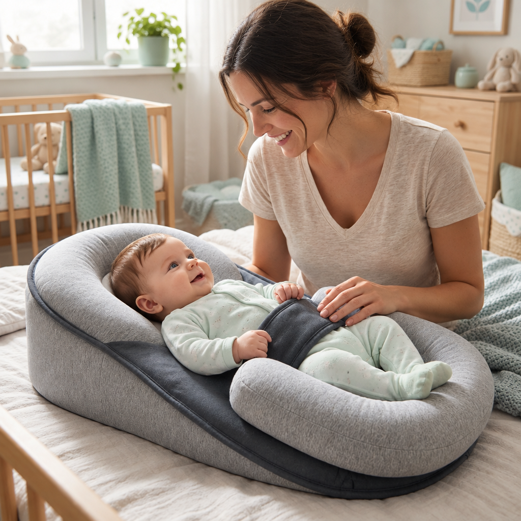 Mama legt ihr lächelndes Baby in das CuddlePod Babynest