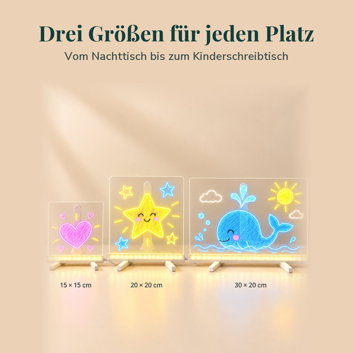 DoodleBeam in drei Größen: 15 × 15, 20 × 20 und 30 × 20 cm