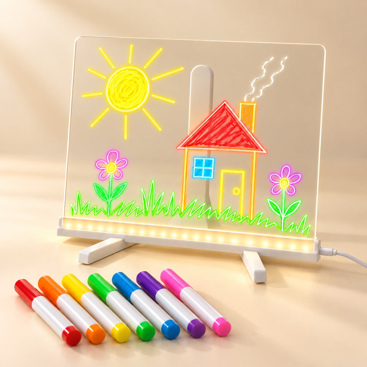 DoodleBeam Leuchtmaltafel mit leuchtender Kinderzeichnung und 7 bunten Stiften