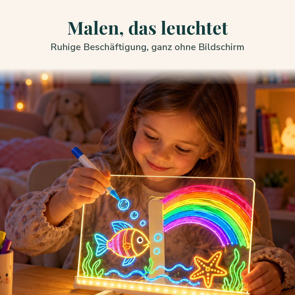 Malen, das leuchtet: Mädchen malt auf der DoodleBeam Maltafel