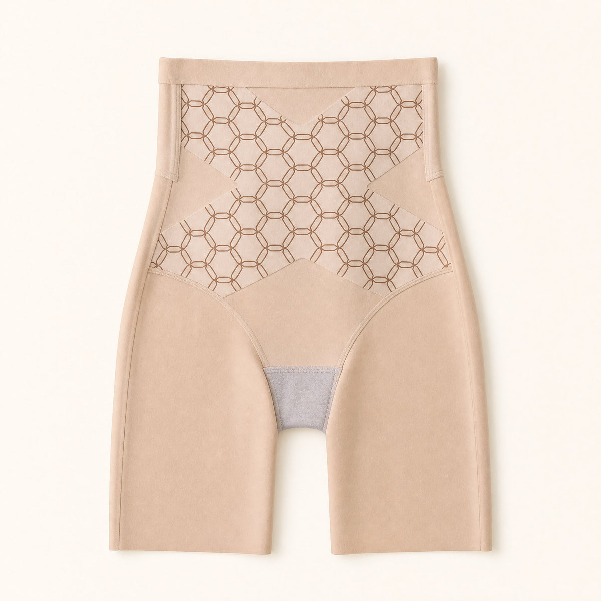 MamaFlex Rückbildungs-Shorts in Beige mit Wabenmuster als X auf dem Bauch
