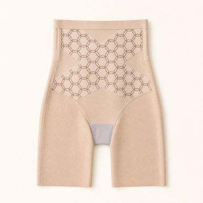 MamaFlex Rückbildungs-Shorts in Beige mit Wabenmuster als X auf dem Bauch
