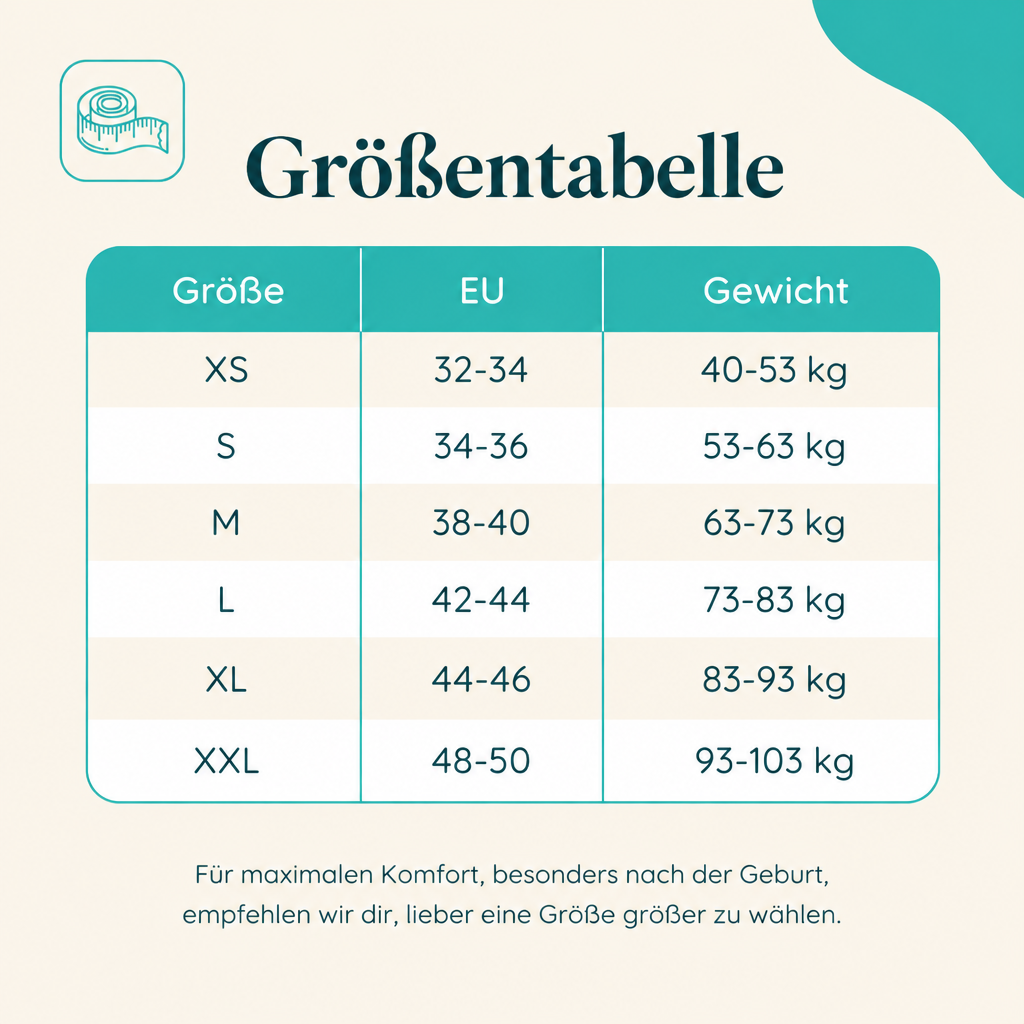 Größentabelle MamaFlex Rückbildungs-Shorts von XS bis XXL