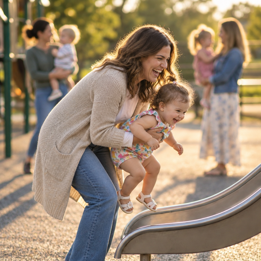 Mama hebt lachend ihr Kleinkind auf dem Spielplatz von der Rutsche
