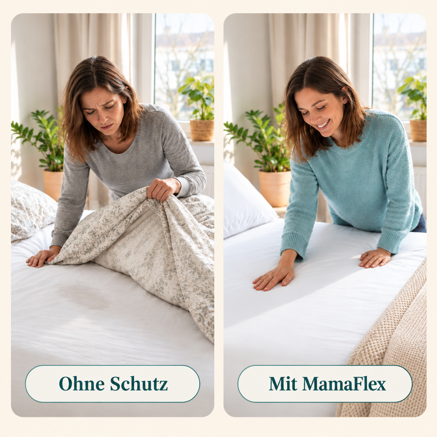 Ohne Schutz und mit MamaFlex: Mama am Bett, einmal besorgt, einmal entspannt