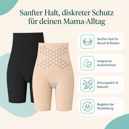 MamaFlex in Schwarz und Beige: sanfter Halt, Auslaufschutz, atmungsaktiv, begleitet die Rückbildung