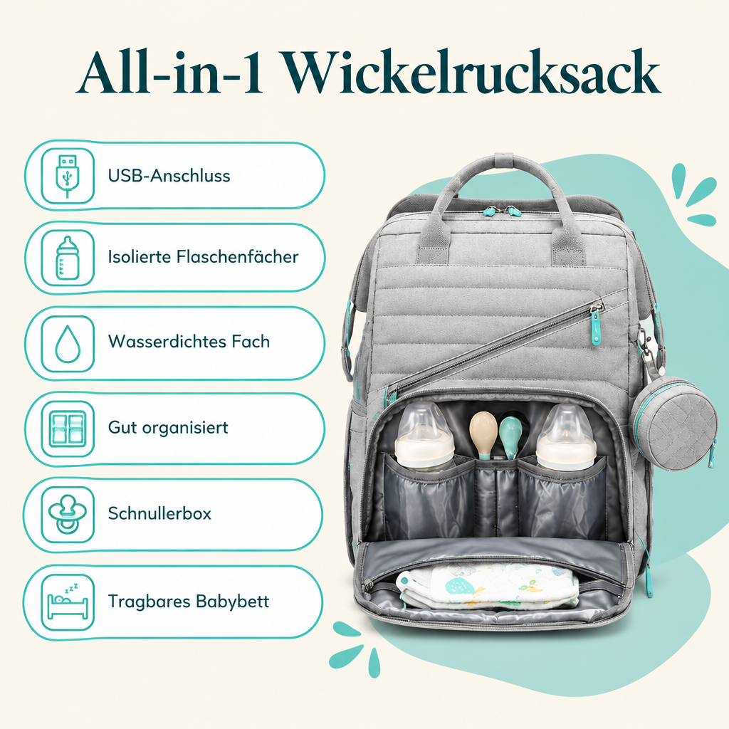 NappyGo All-in-1 Wickelrucksack mit USB-Anschluss, isolierten Flaschenfächern, wasserdichtem Fach, Schnullerbox und tragbarem Babybett