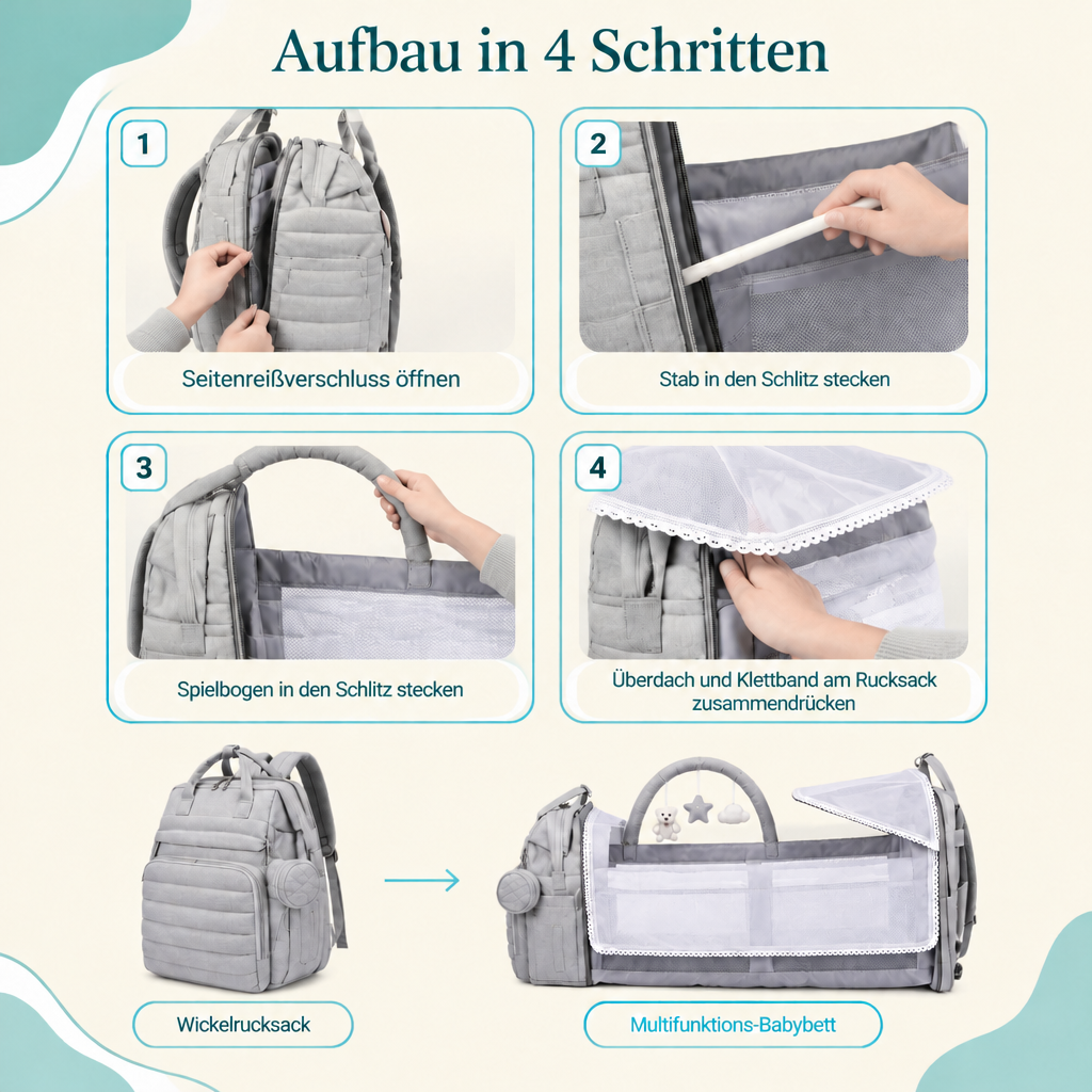 Aufbau des NappyGo in 4 Schritten vom Wickelrucksack zum Babybett