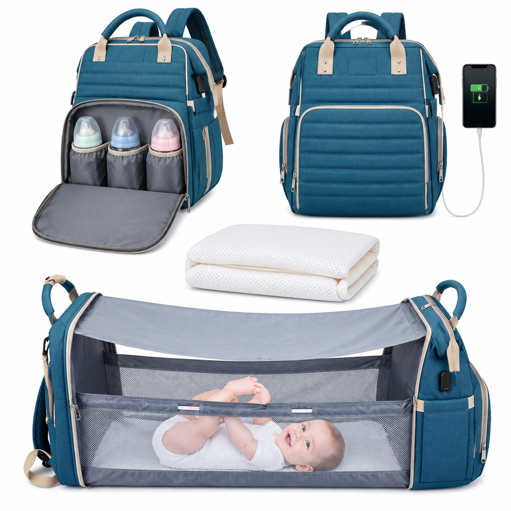 NappyGo Wickelrucksack in Petrol mit Flaschenfächern, Matratze und aufgeklapptem Babybett