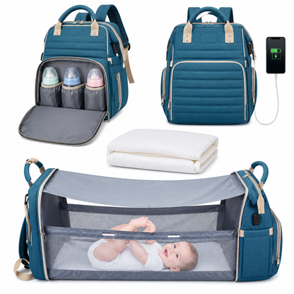NappyGo Wickelrucksack in Petrol mit Flaschenfächern, Matratze und aufgeklapptem Babybett