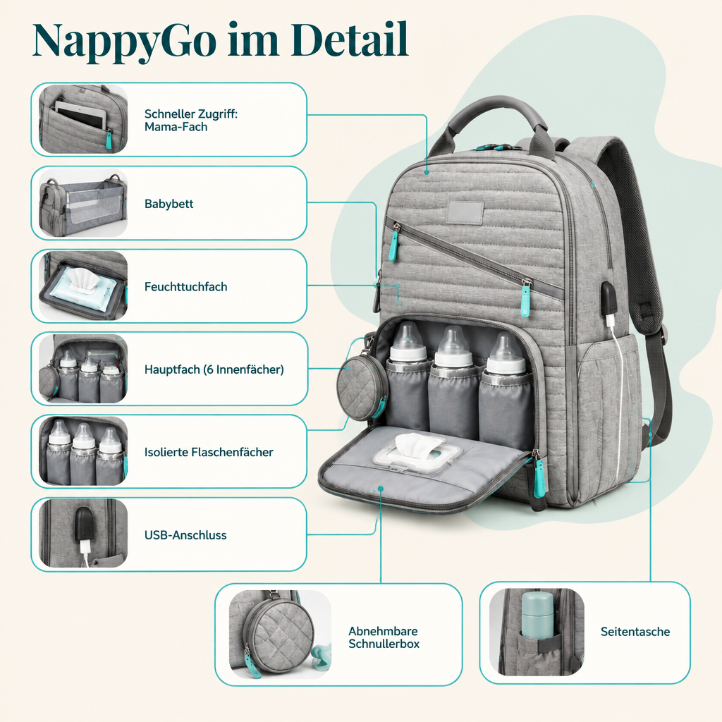 NappyGo im Detail: Mama-Fach, Babybett, Feuchttuchfach, Hauptfach, isolierte Flaschenfächer, USB-Anschluss, Schnullerbox und Seitentasche
