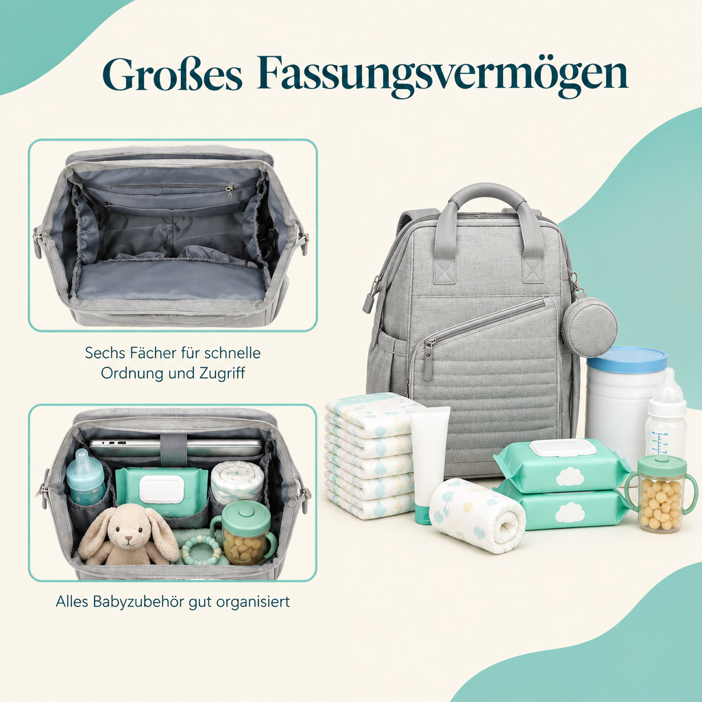 Großes Fassungsvermögen des NappyGo mit Windeln, Fläschchen und Babyzubehör