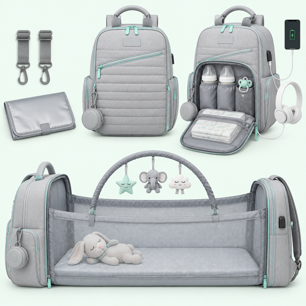 NappyGo Wickelrucksack in Grau mit Wickelunterlage, Kinderwagenhaken und aufgeklapptem Babybett