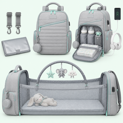 NappyGo Wickelrucksack in Grau mit Wickelunterlage, Kinderwagenhaken und aufgeklapptem Babybett