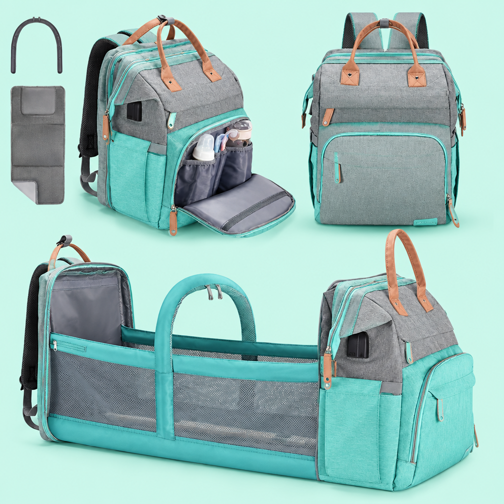 NappyGo Wickelrucksack mit Babybett in Grau und Türkis, geschlossen, geöffnet und als Babybett aufgeklappt