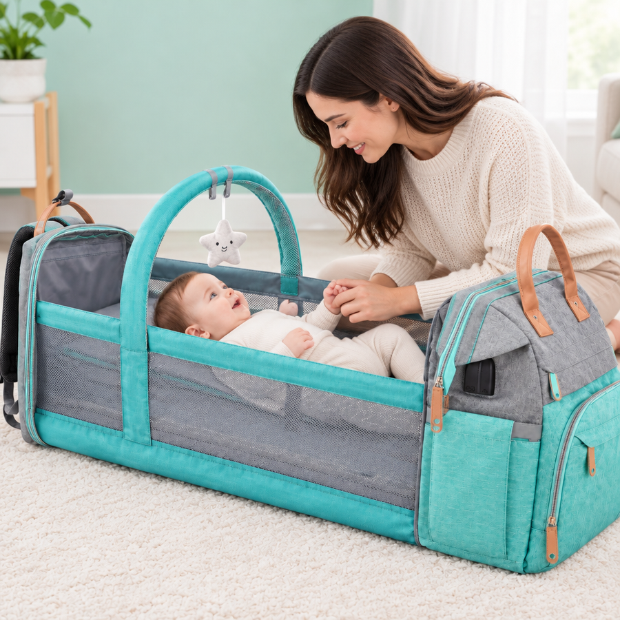 Mutter beugt sich über ihr Baby im aufgeklappten NappyGo Babybett