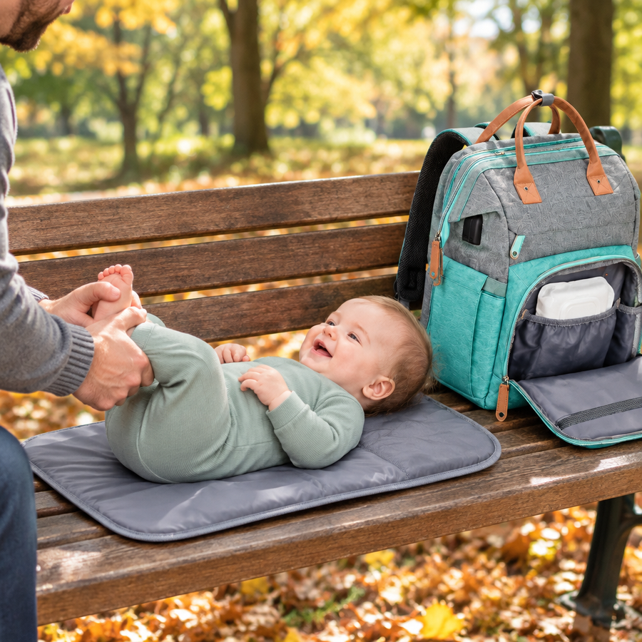 Baby wird auf der NappyGo Wickelunterlage auf einer Parkbank gewickelt