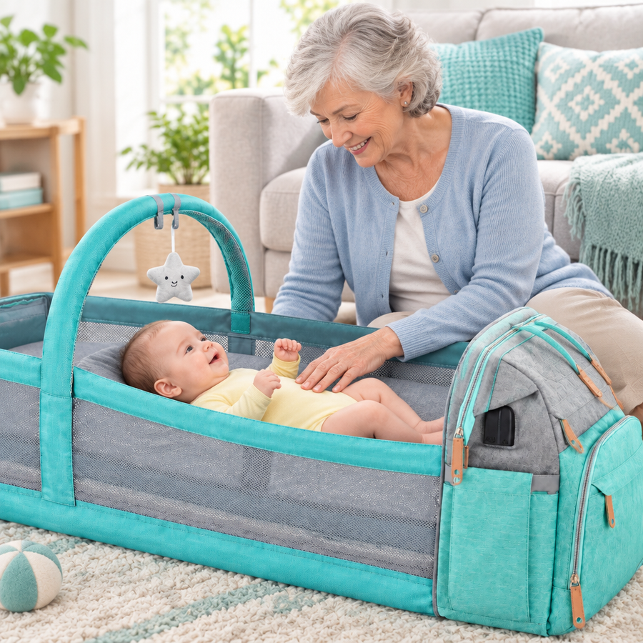 Großmutter mit Baby im aufgeklappten NappyGo Babybett im Wohnzimmer