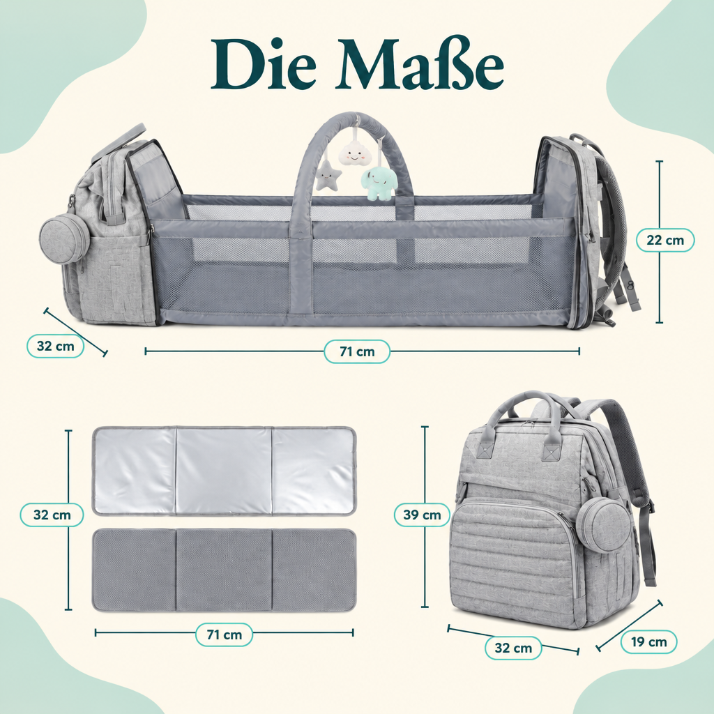 Maße des NappyGo: Rucksack 39 x 32 x 19 cm, Babybett 71 x 32 x 22 cm, Matte 71 x 32 cm