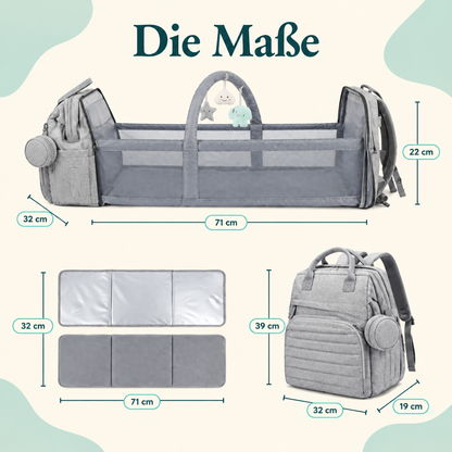 Maße des NappyGo: Rucksack 39 x 32 x 19 cm, Babybett 71 x 32 x 22 cm, Matte 71 x 32 cm