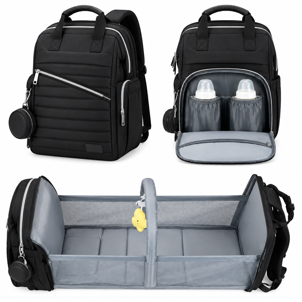 NappyGo Wickelrucksack in Schwarz mit Flaschenfächern und aufgeklapptem Babybett