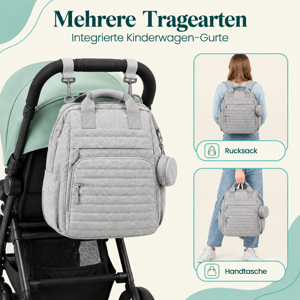 NappyGo am Kinderwagen, als Rucksack und als Handtasche getragen