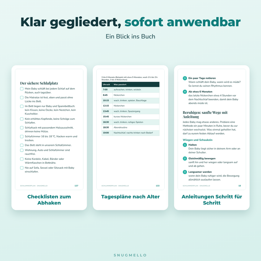 Blick ins Buch: Checkliste, Tagespläne nach Alter und Schritt-für-Schritt-Anleitungen im Schlummerplan