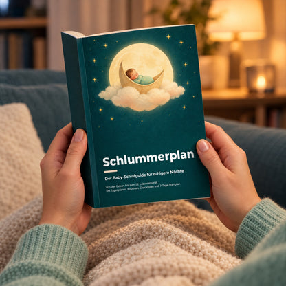 Eltern lesen den Schlummerplan abends auf dem Sofa
