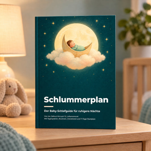 Schlummerplan, der Baby-Schlafguide für ruhigere Nächte, als Buch auf dem Nachttisch im Kinderzimmer