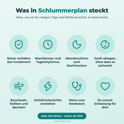 Das steckt im Schlummerplan: acht Themen von sicherem Schlafen bis Entlastung für dich, über 210 Seiten als PDF
