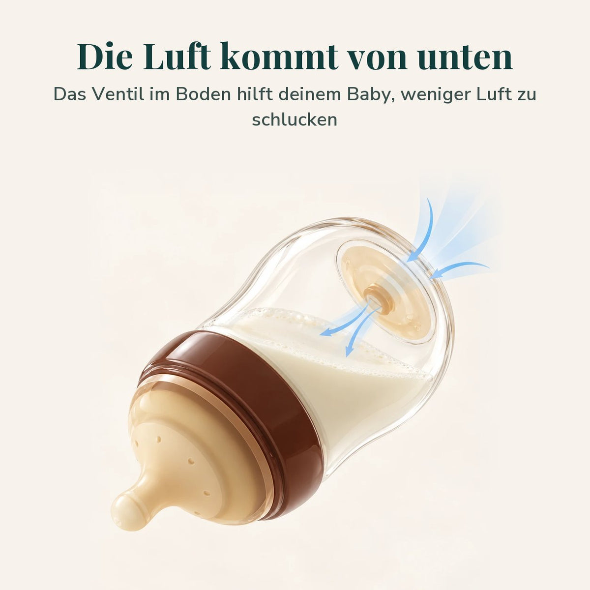 Die Luft kommt von unten: Ventil im Boden der SipHug Babyflasche