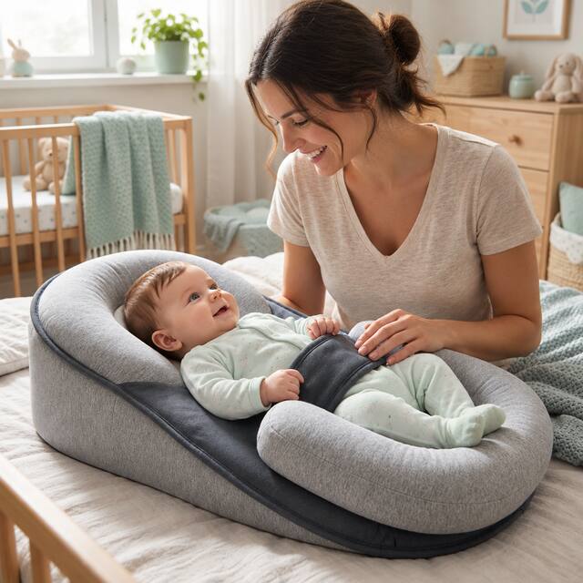 Mama legt ihr lächelndes Baby in das CuddlePod Babynest